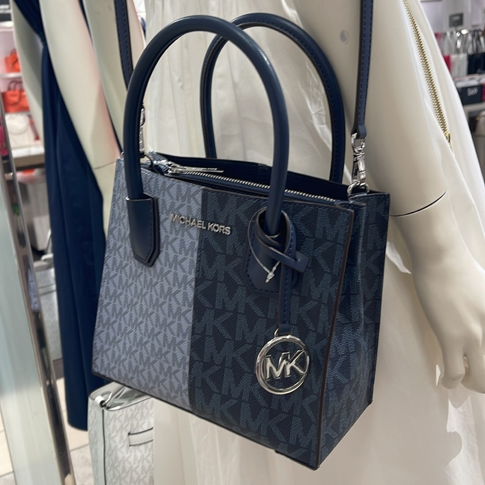 Michael Kors Mercer Medium Two-Tone Logo Crossbody Messenger Navy Multi NWT - Picture 13 of 16
